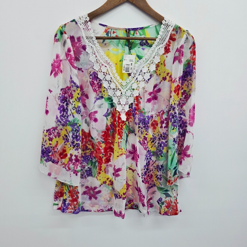 Mushka Sienna Rose Floral Crochet Tunic Sheer V-Neck Blouse M Petite Boho Artsy - Picture 3 of 15